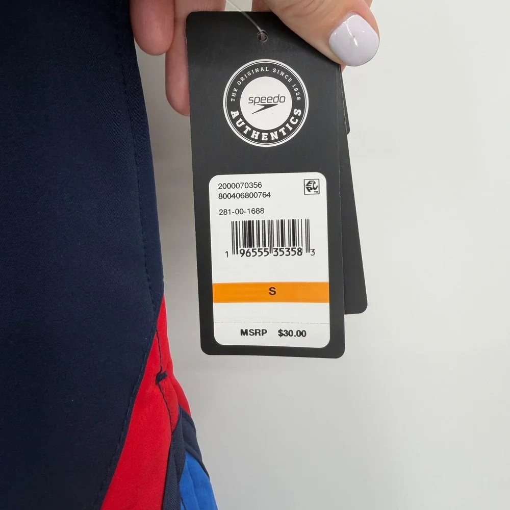 Speedo Swim Trunks Mens Small Navy Blue Red Colorblock 7